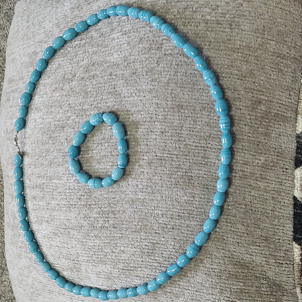 Gorgeous Chunky Robin's Egg Blue Ceramic Bead Necklace and Stretch Bracelet Set